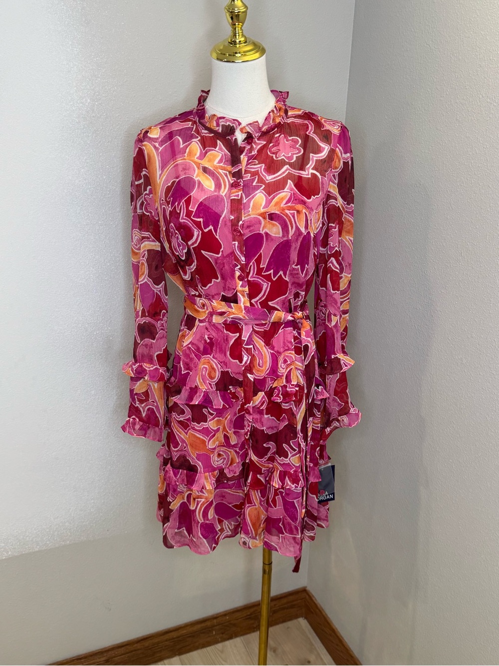 Donna Morgan Tania Pink Slip Liner Floral Ruffle Tiered Shirt Dress Size 4 NWT